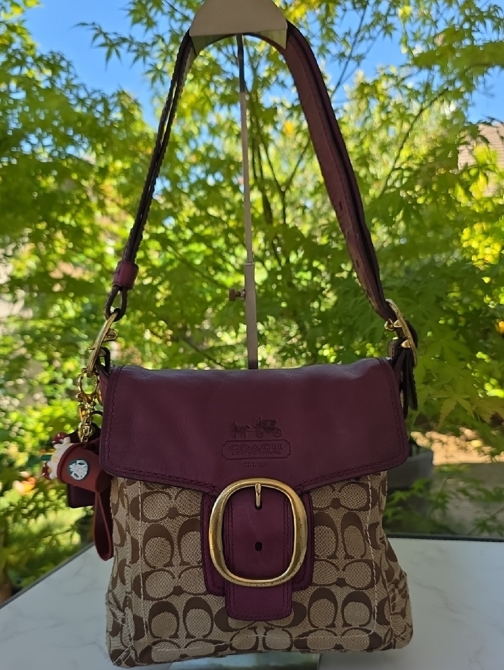 Coach Bleecker Y2K Buckle Brown Signature Plum Leather Canvas Shoulder Bag